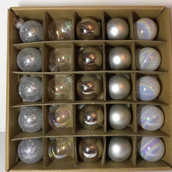 25 Mini Glass Christmas Ball Ornaments Silver Shiny Glitter Matte Opalescent - Picture 5 of 8